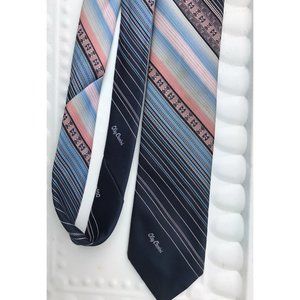 VTG OLEG CASSINI DESIGNER LOGO MENS SILK NECK TIE Stripes Blue Pink 80s Retro